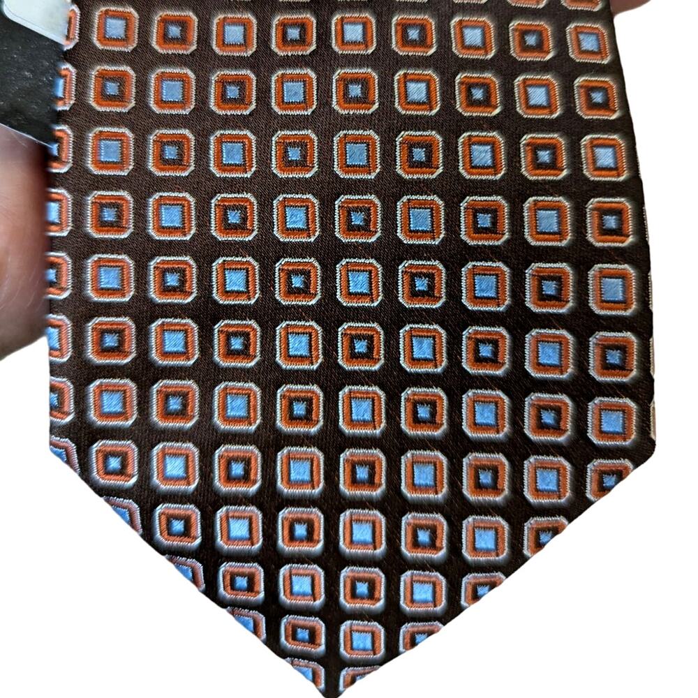 New Hugo Boss Silk Jacquard Tie Italy Mid Century Squares Brown Orange Blue